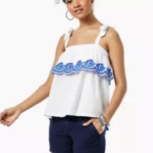 New Lilly Pulitzer S Benita scallops White Camisole with Blue Embroidery
